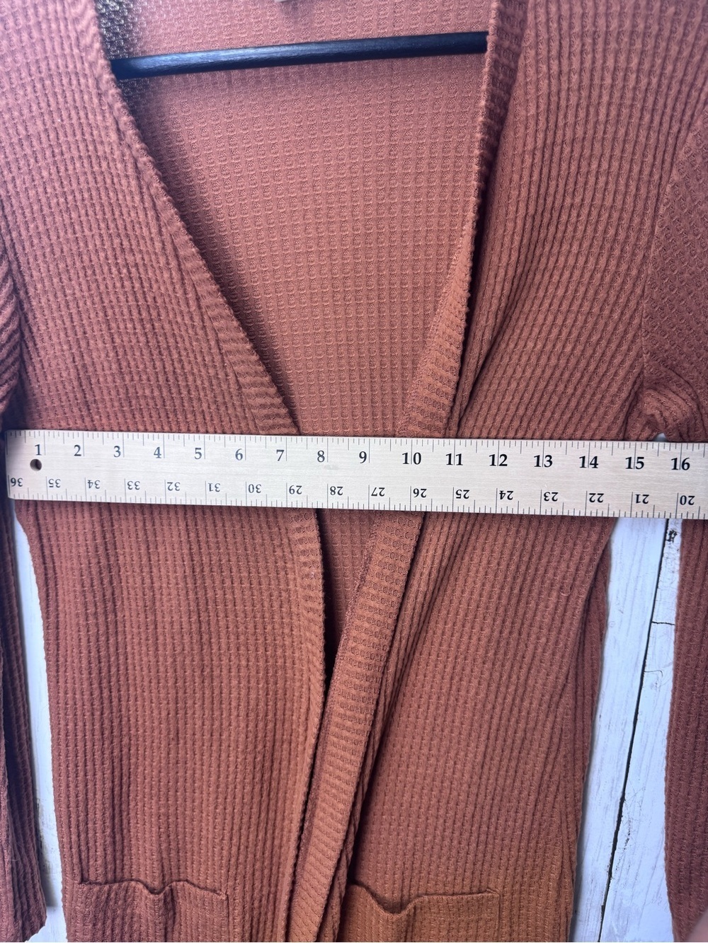 Long Open-Front Waffle Knit Cardigan Sweater - Rust size Small - Picture 7 of 7